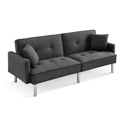 85" Dark Gray Polyester Blend Convertible Futon Sleeper Sofa And Toss Pillows With Silver Legs - Loft&Timber