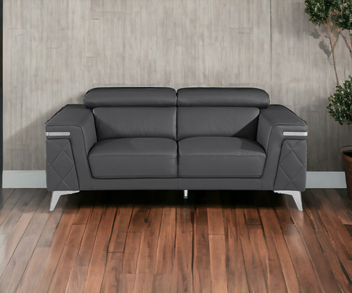 70" Dark Gray And Silver Metallic Leather Loveseat - Loft&Timber