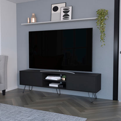 71" Black Wood Enclosed And Open Storage TV Stand-5