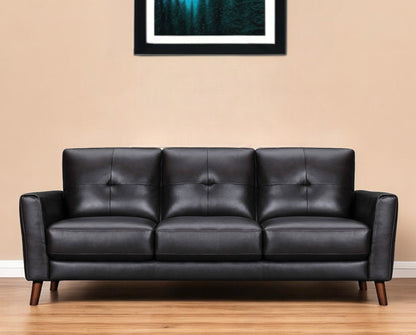 82" Black Leather Sofa With Brown Legs-0