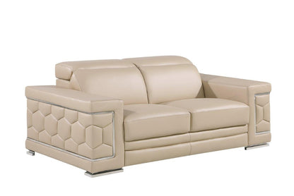 71" Beige And Silver Genuine Leather Loveseat - Loft&Timber