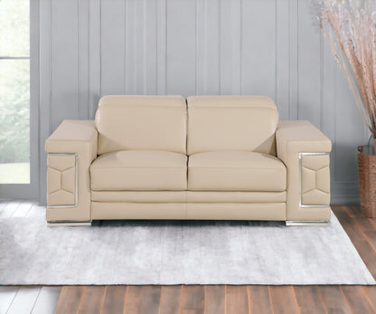 71" Beige And Silver Genuine Leather Loveseat - Loft&Timber