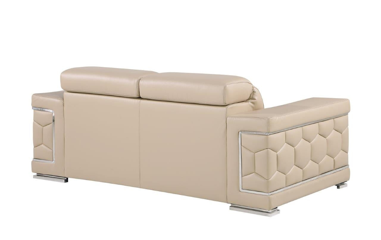 71" Beige And Silver Genuine Leather Loveseat - Loft&Timber