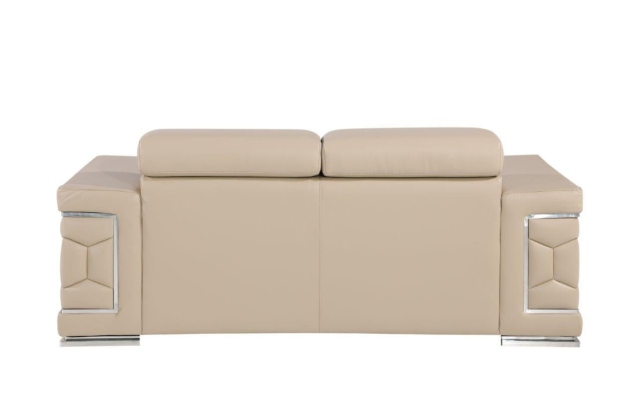 71" Beige And Silver Genuine Leather Loveseat - Loft&Timber