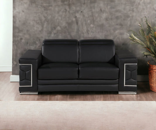 71" Black And Silver Genuine Leather Loveseat - Loft&Timber