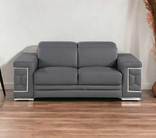 71" Gray And Silver Genuine Leather Loveseat - Loft&Timber