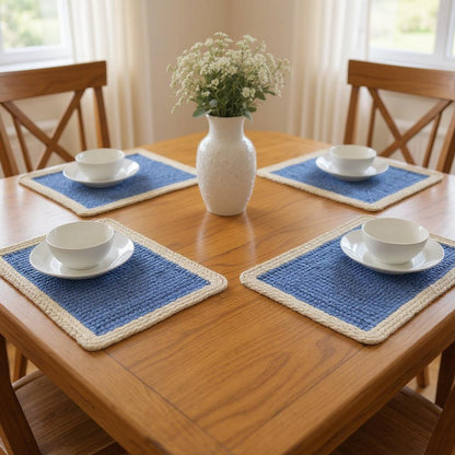 19" Set of Four Blue And Natural Solid With Border Cotton Placemats - Loft&Timber