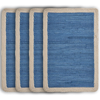 19" Set of Four Blue And Natural Solid With Border Cotton Placemats - Loft&Timber