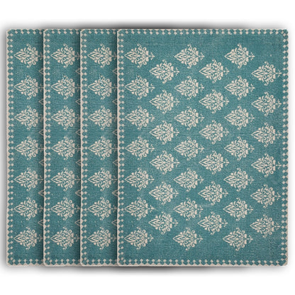 19" Set of Four Cream And Turquoise Damask Cotton Placemats - Loft&Timber