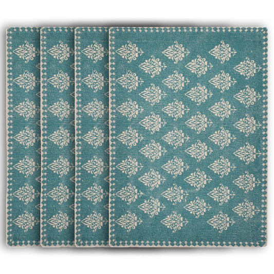 19" Set of Four Cream And Turquoise Damask Cotton Placemats - Loft&Timber