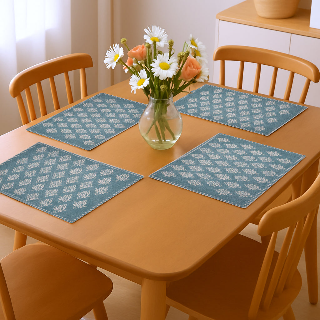19" Set of Four Cream And Turquoise Damask Cotton Placemats - Loft&Timber