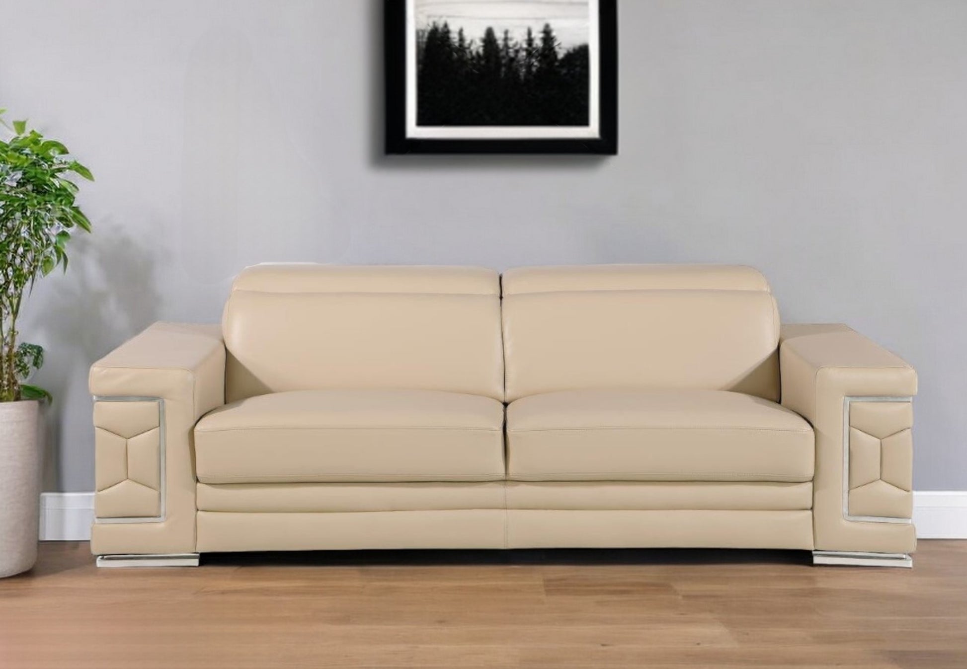 89" Beige Leather Sofa With Silver Legs-0