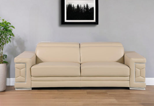 89" Beige Leather Sofa With Silver Legs-0