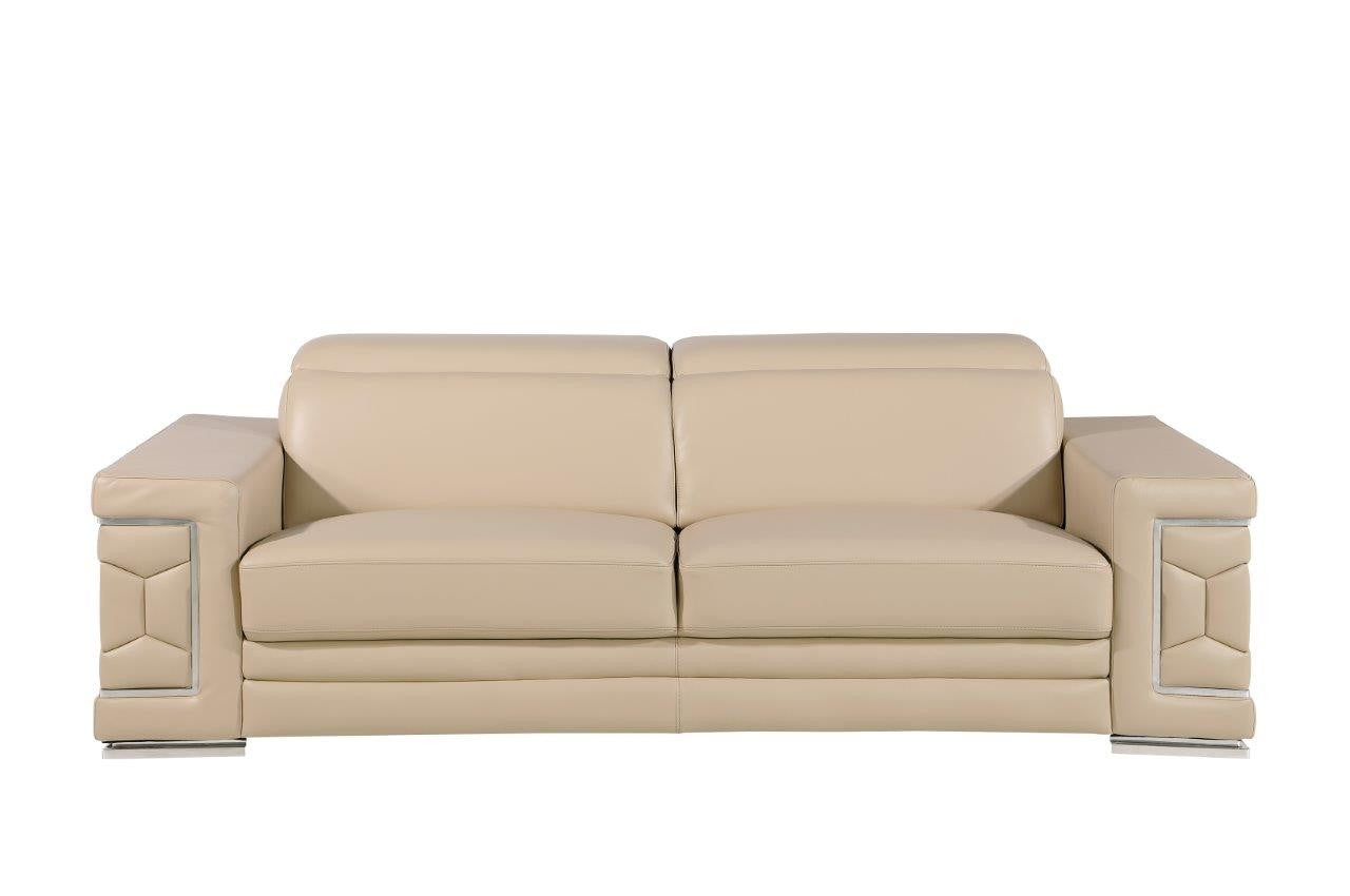 89" Beige Leather Sofa With Silver Legs-1