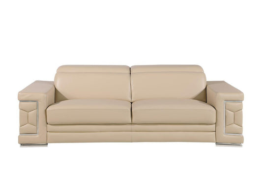 89" Beige Leather Sofa With Silver Legs-1