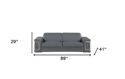 89" Gray Leather Sofa With Silver Legs-7