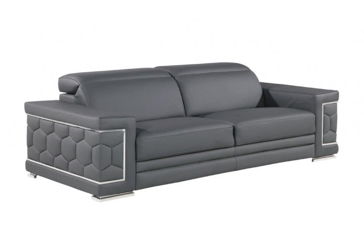 89" Gray Leather Sofa With Silver Legs-2