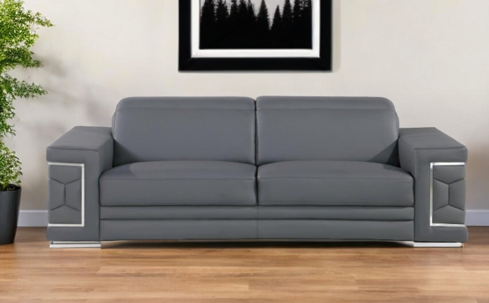 89" Gray Leather Sofa With Silver Legs-0