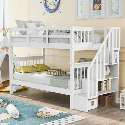 Twin over Twin Bunk Bed with Stairs, Solid Wood Bunk Bed Frame with Storage for Kids Teens Adults Bedroom Dorm - White - Loft&Timber