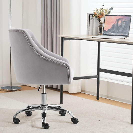 Velvet Office Swivel Chair, Vanity Chair, Fabric Desk Chair, Pretty Fancy Chair, Gold Office Chair for Girls, 360°Swivel Height Adjustable Reception Chair (Grey) - Loft&Timber