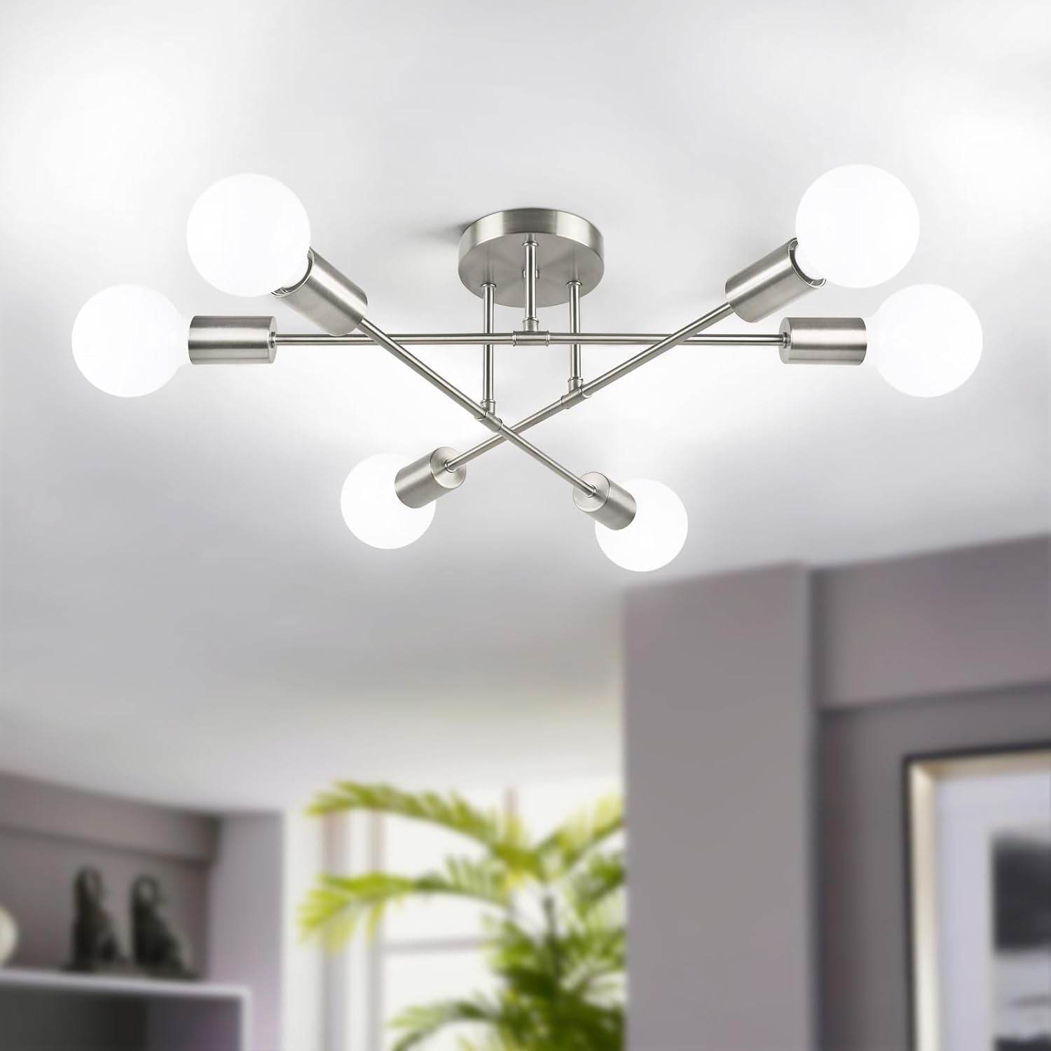 Modern Sputnik Chandelier, 6-Light Ceiling Light Fixture, Bedroom Light Fixture, Sputnik Lights Fixture for Living Room, Dining Room, Kitchen, Office, Foyer, Hallway (Brushed Nickel) - E26 Base - Loft&Timber