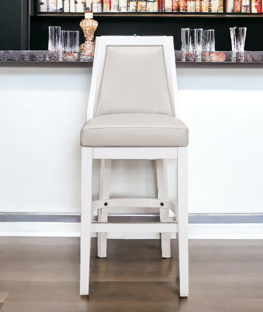 31" Gray And White Faux Leather And Solid Wood Bar Height Swivel Bar Chair - Loft&Timber