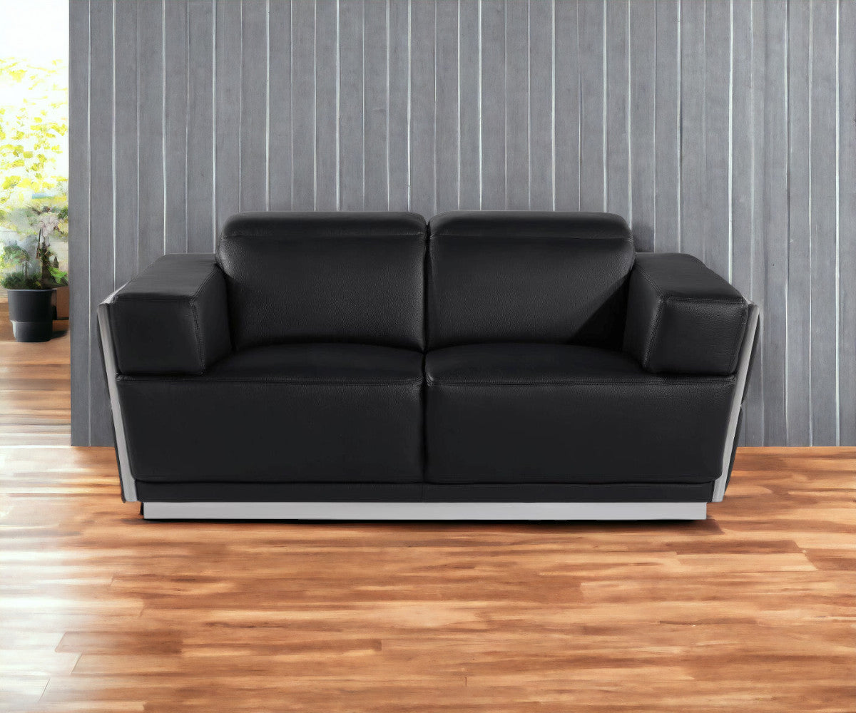 70" Black And Silver Italian Leather Loveseat - Loft&Timber
