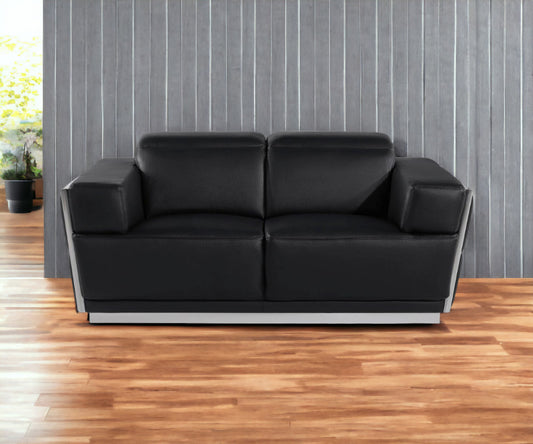 70" Black And Silver Italian Leather Loveseat - Loft&Timber