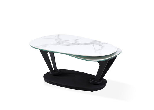 36" White And Black Faux Marble And Metal Oval Coffee Table - Loft&Timber