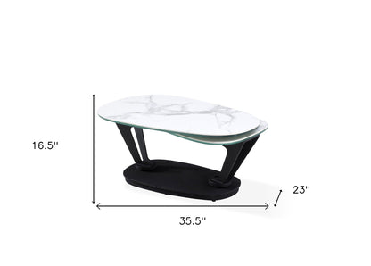 36" White And Black Faux Marble And Metal Oval Coffee Table - Loft&Timber