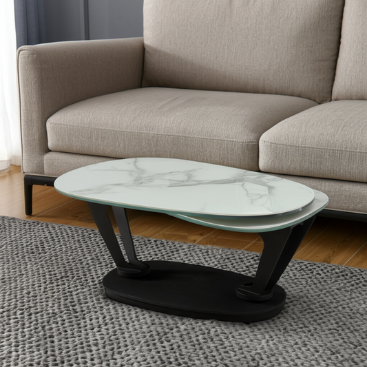 36" White And Black Faux Marble And Metal Oval Coffee Table - Loft&Timber