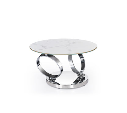 32" White And Silver Ceramic Tile And Metal Round Abstract Coffee Table - Loft&Timber