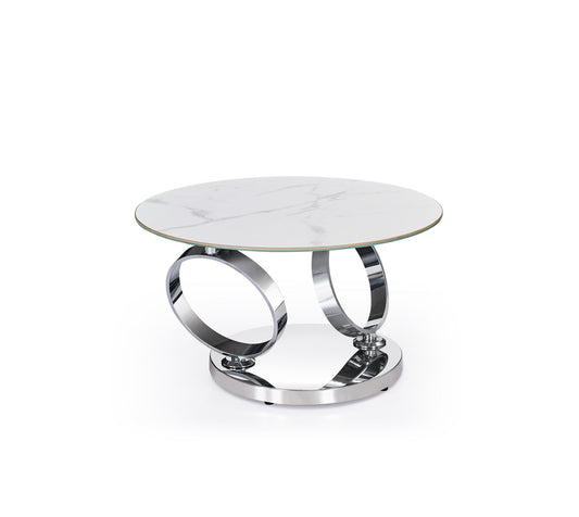 32" White And Silver Ceramic Tile And Metal Round Abstract Coffee Table - Loft&Timber