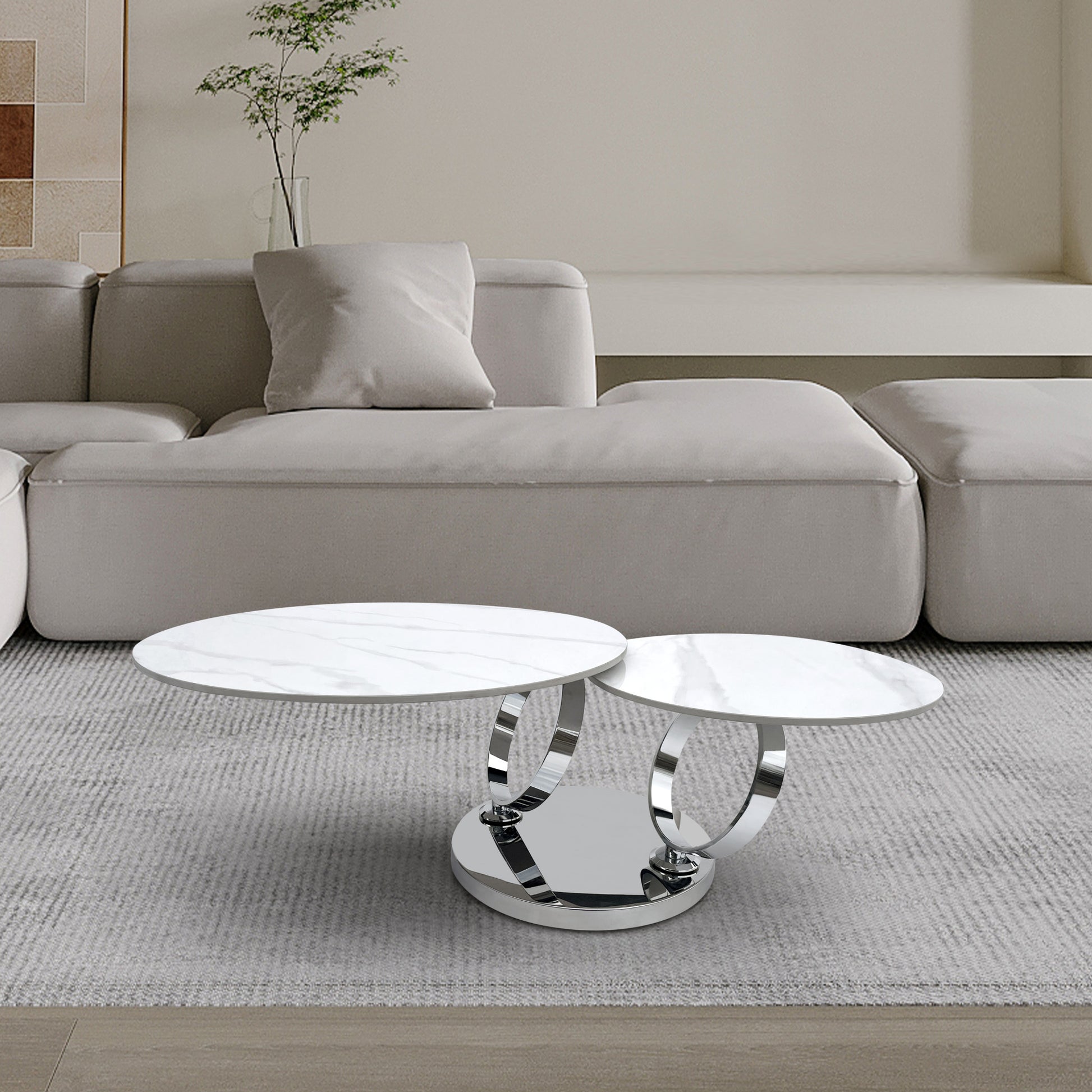32" White And Silver Ceramic Tile And Metal Round Abstract Coffee Table - Loft&Timber