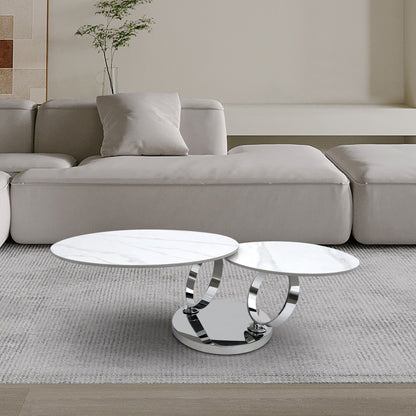 32" White And Silver Ceramic Tile And Metal Round Abstract Coffee Table - Loft&Timber