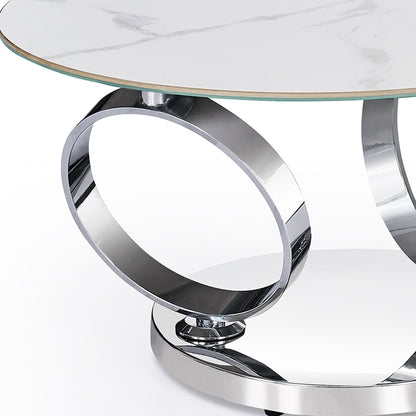 32" White And Silver Ceramic Tile And Metal Round Abstract Coffee Table - Loft&Timber