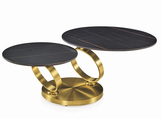 32" Black And Gold Ceramic Tile And Metal Round Distressed Abstract Coffee Table - Loft&Timber