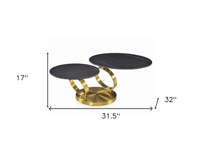 32" Black And Gold Ceramic Tile And Metal Round Distressed Abstract Coffee Table - Loft&Timber