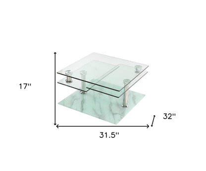 32" Clear and White Faux Marble Glass and Metal Coffee Table With Three Shelves - Loft&Timber