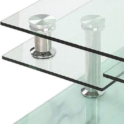 32" Clear and White Faux Marble Glass and Metal Coffee Table With Three Shelves - Loft&Timber