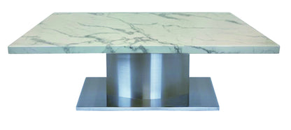 51" White And Silver Genuine Marble And Stainless Steel Pedestal Coffee Table - Loft&Timber