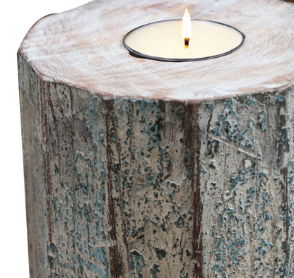 5" Brown And White Solid Wood Tabletop Tealight Candle Holder - Loft&Timber