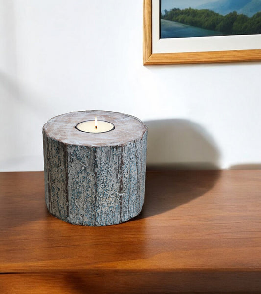 5" Brown And White Solid Wood Tabletop Tealight Candle Holder - Loft&Timber