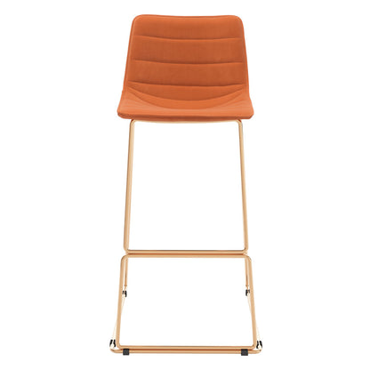 Set of Two 30" Orange And Gold Velvet And Steel Bar Height Bar Chairs - Loft&Timber