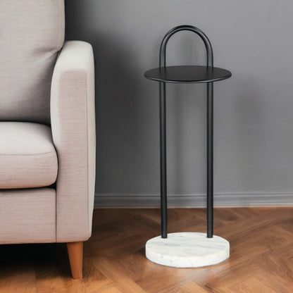 22" Black And White Iron And Marble Round C Table End Table - Loft&Timber
