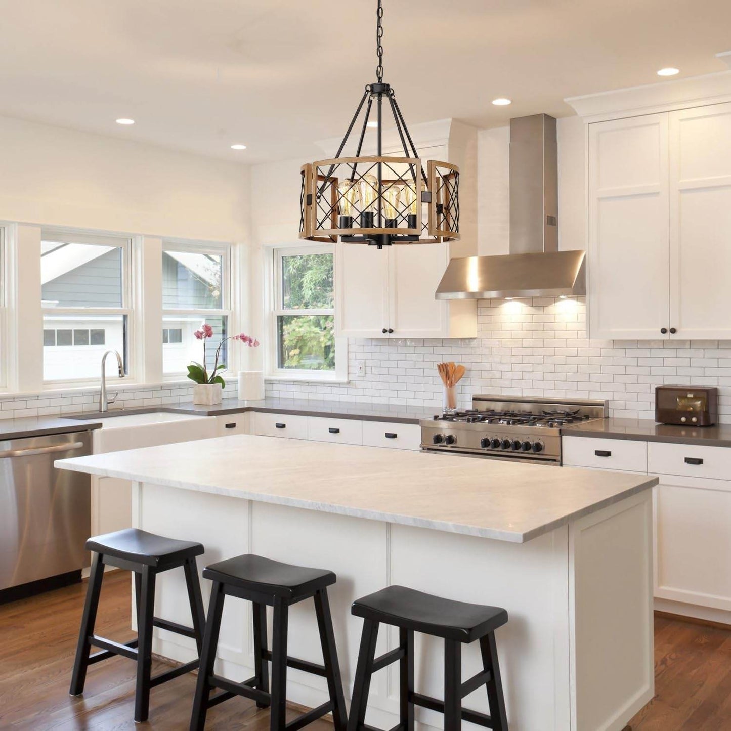 D19'' Farmhouse Chandelier for Dining Room, 4-Light Adjustable Kitchen Island Lighting, Vintage Hanging Pendant Light Fixtures for Entryway Foyer Bedroom Hallway, Black & Dark Oak - Loft&Timber