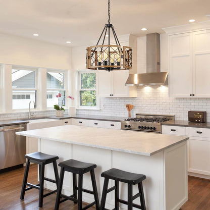 D19'' Farmhouse Chandelier for Dining Room, 4-Light Adjustable Kitchen Island Lighting, Vintage Hanging Pendant Light Fixtures for Entryway Foyer Bedroom Hallway, Black & Dark Oak - Loft&Timber