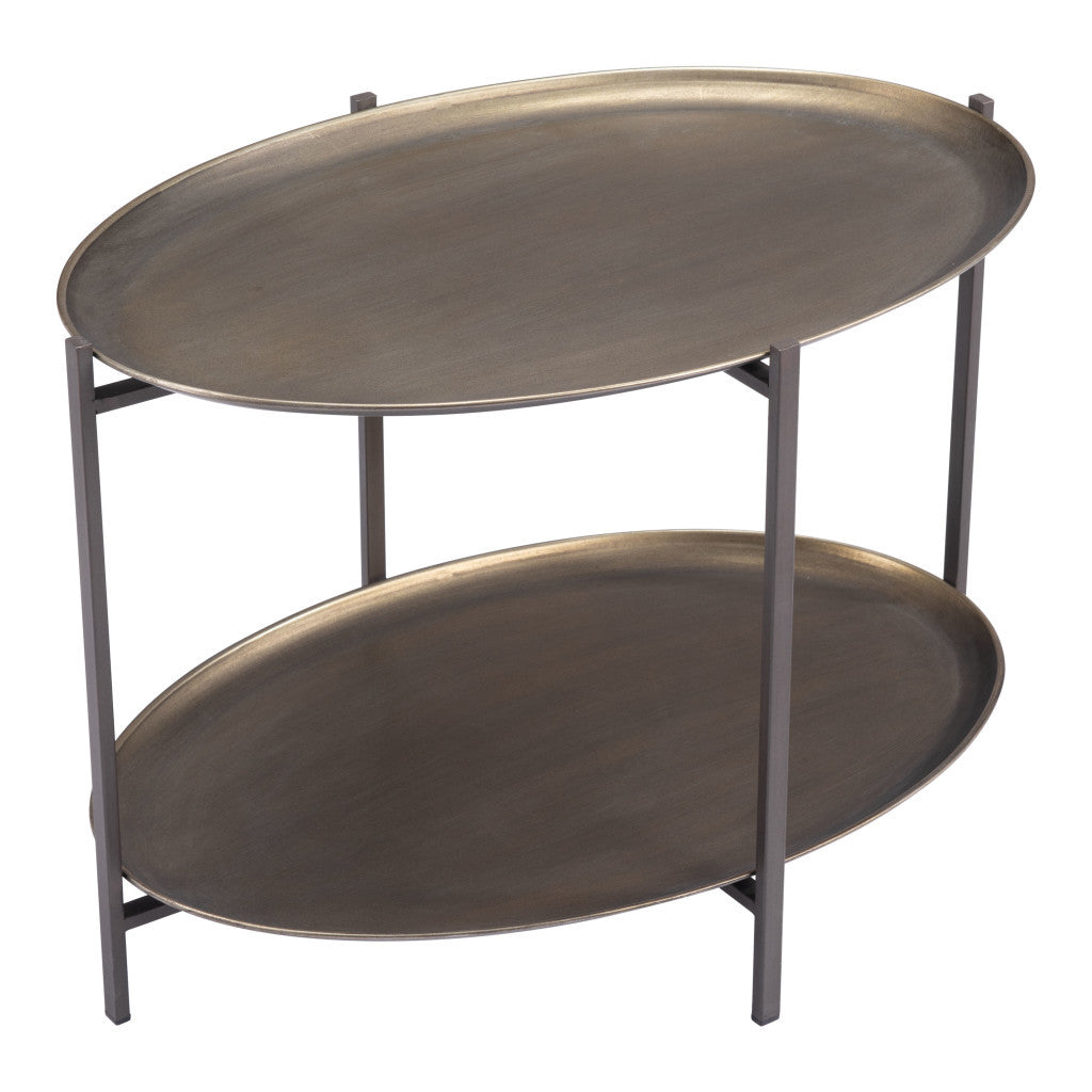 26" Antiqued Bronze and Black Steel Oval Two Tier Coffee Table - Loft&Timber
