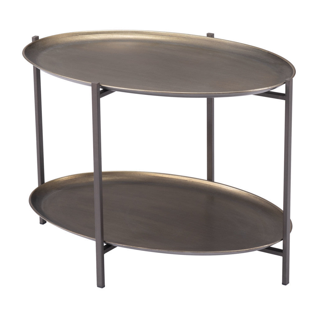 26" Antiqued Bronze and Black Steel Oval Two Tier Coffee Table - Loft&Timber