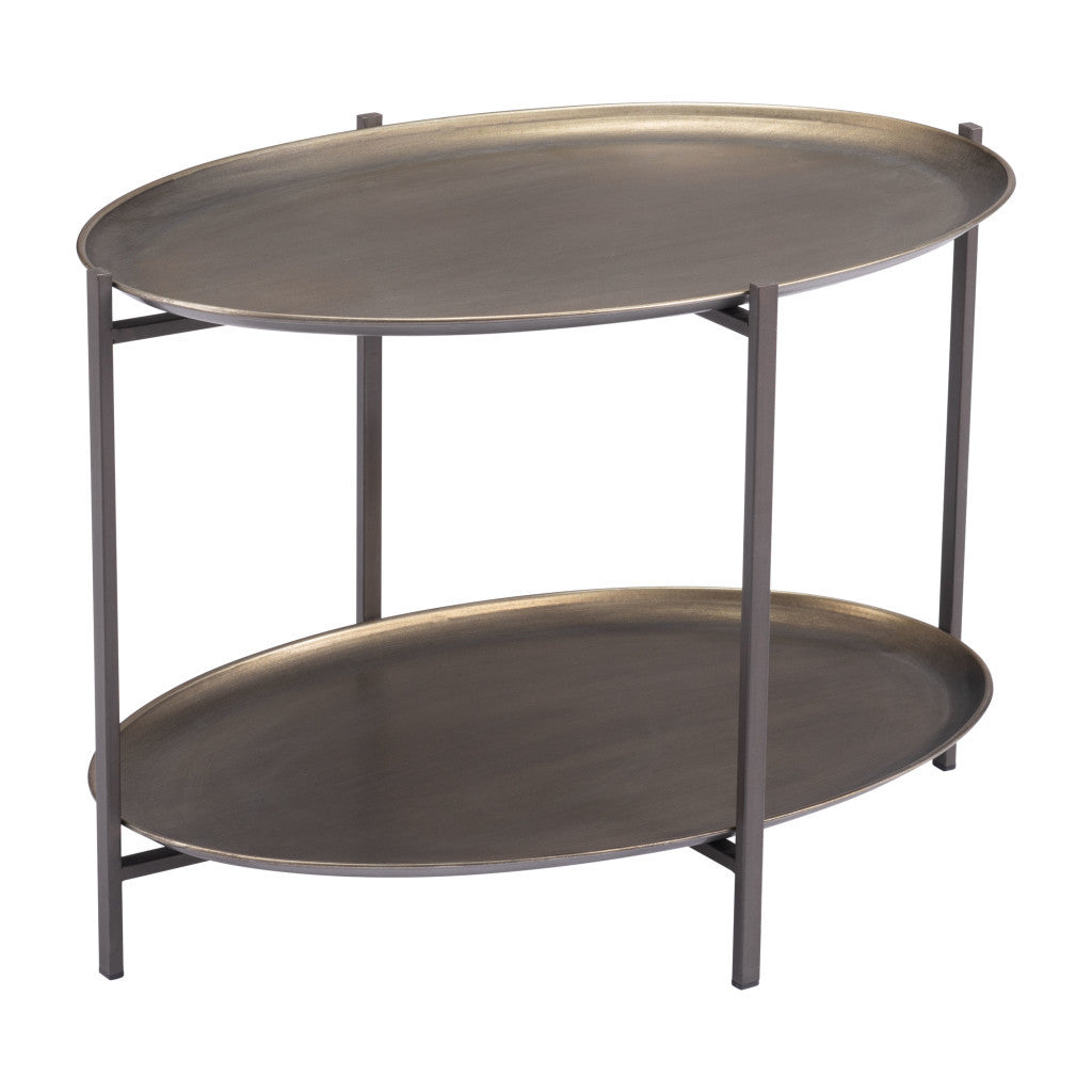 26" Antiqued Bronze and Black Steel Oval Two Tier Coffee Table - Loft&Timber